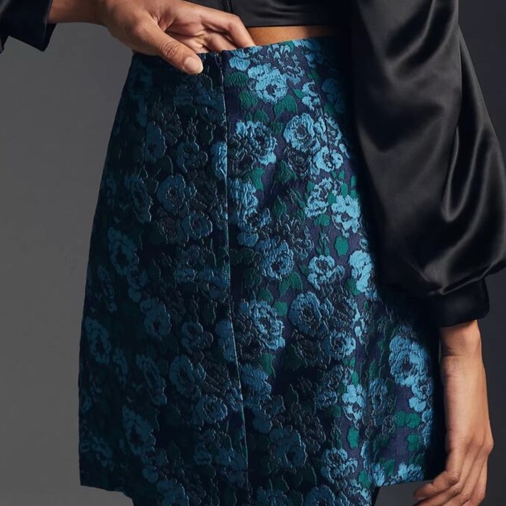 Anthropologie Maeve Jacquard Blue Floral Button Mini Skirt - Picture 2 of 7